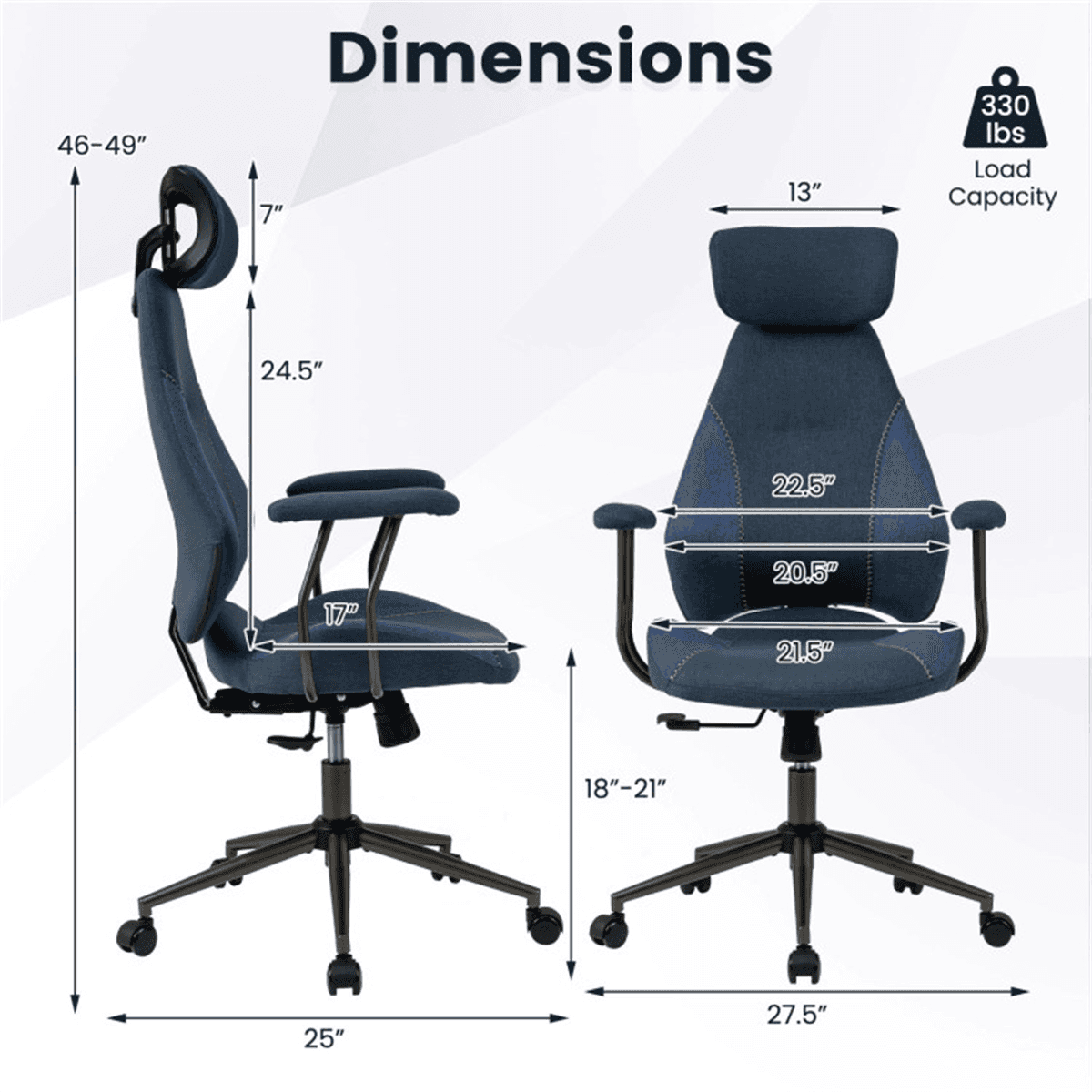 image-Ergonomic Blue Office Chair, 2D Adjustable Headrest, 330 lbs Capacity