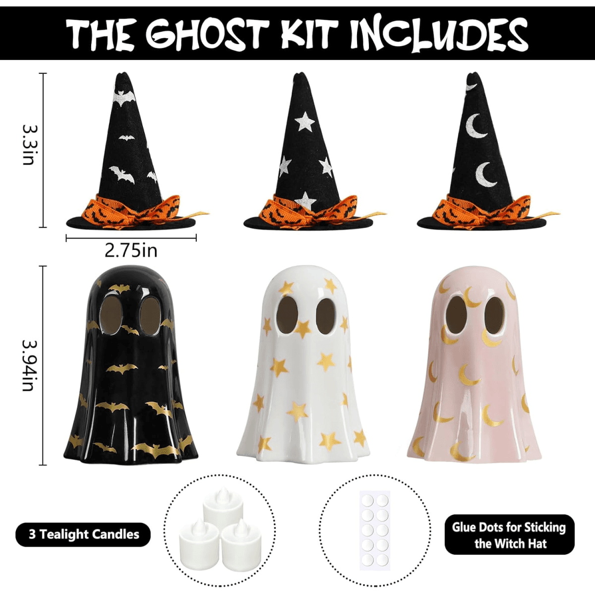 image-Halloween Decor Indoor, Set of 3 Ceramic Ghosts with Witch Hats, Cute Spooky Ghost Figurines for Mantel, Shelf & Tabletop Decor, Halloween Decorations