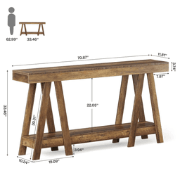 image-Farmhouse Console Table - Rustic Natural Wood, 2-Tier Storage, Durable MDF