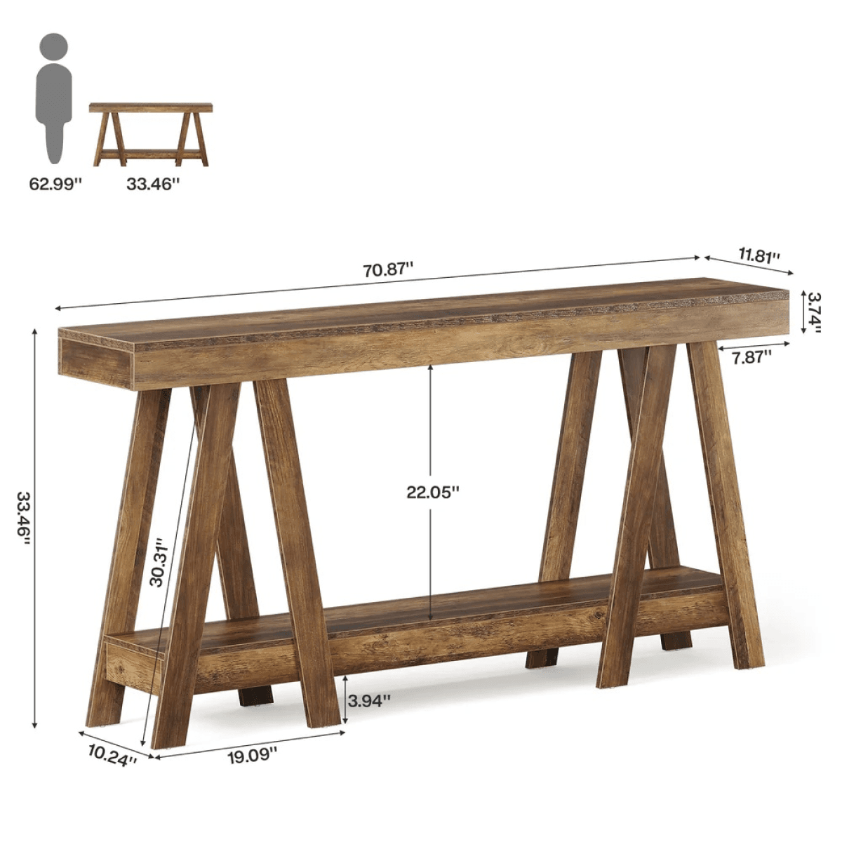 image-Farmhouse Console Table - Rustic Natural Wood, 2-Tier Storage, Durable MDF