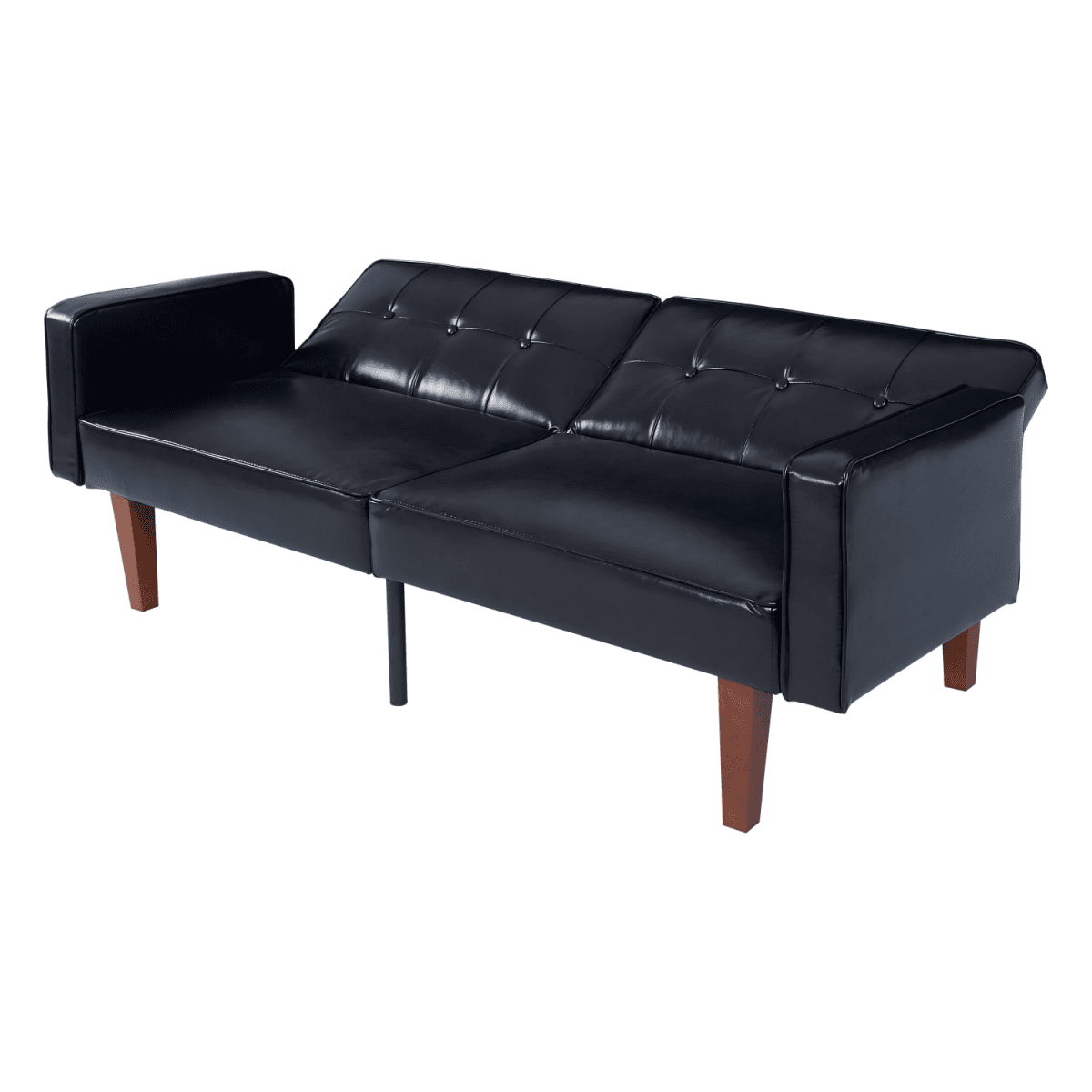 image-Modern PU Leather Futon Sofa with Tufted Backrest, Adjustable Reclining Couch with Wood & Metal Legs, Mid-Century Style Sofa for Living Room