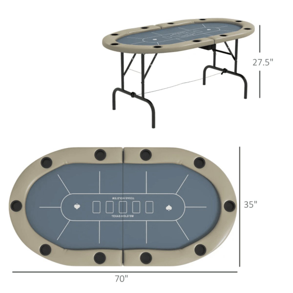 image-Extra-Large 70" Oval Foldable Poker Table - Blue/Brown MDF Steel PU