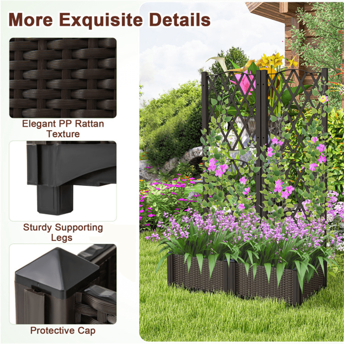 image-Rustic Trellis Planters Set of 2, Garden Boxes for Indoor Outdoor, Self-Watering, Brown