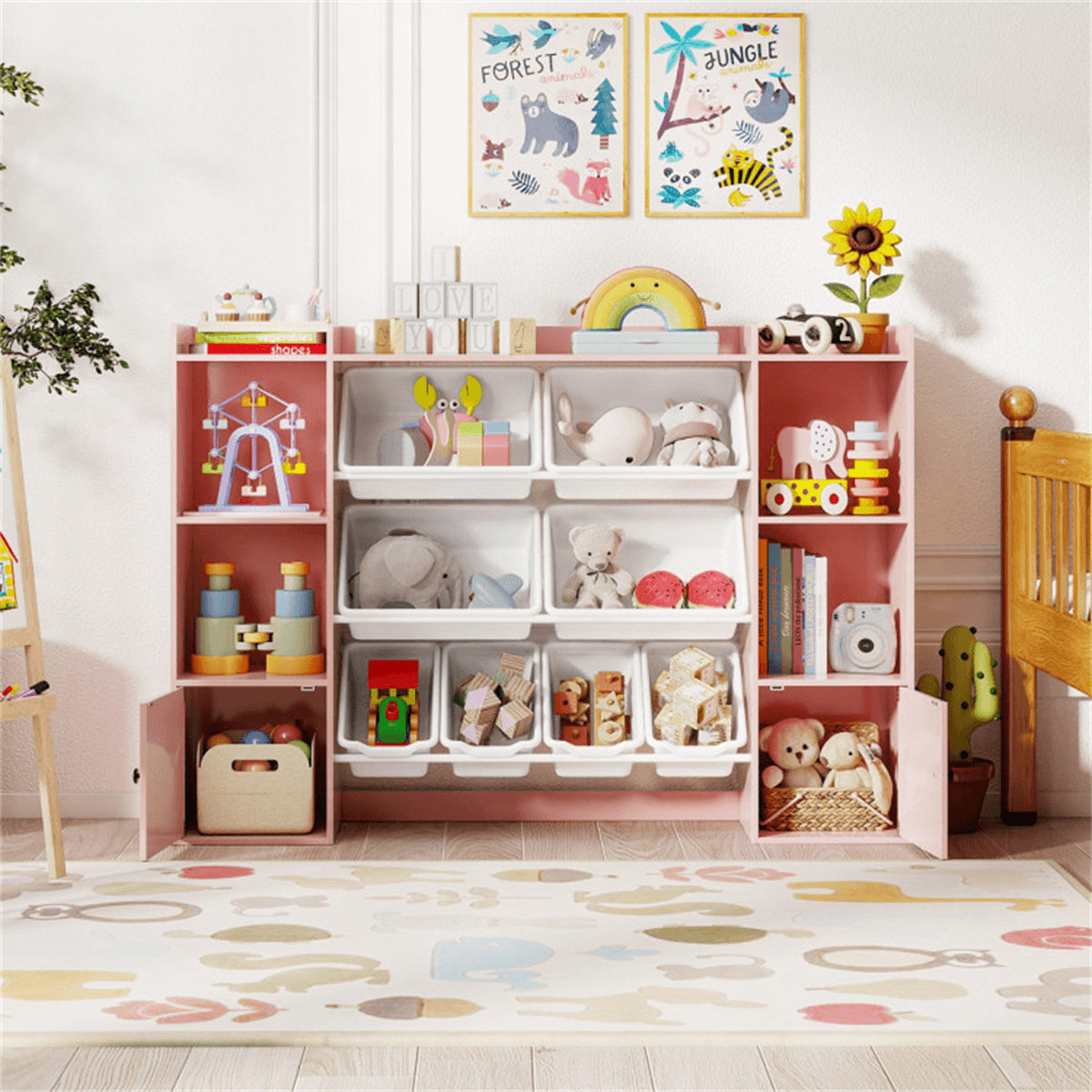 image-Kids Toy Organizer Pink 8 Storage Bins 56.5" Ages 3+