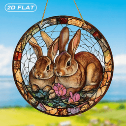 image-Acrylic Two Rabbits Floral Stained Glass Suncatcher - Garden Decor 20x20cm