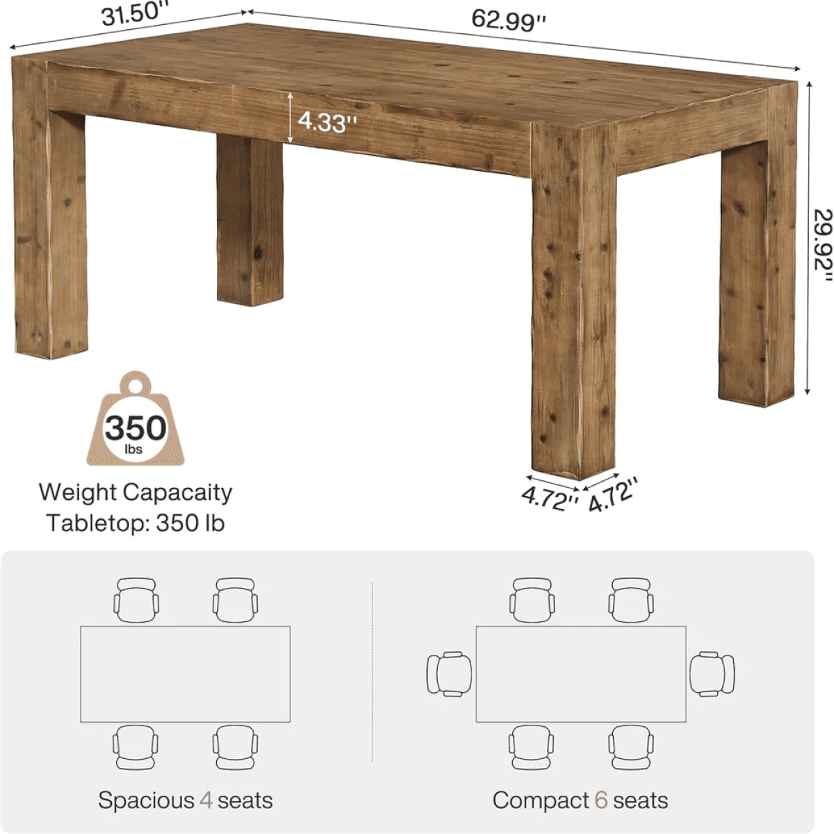 image-Office Desk - Solid Wood, Rustic Brown, 62.99"W x 31.5"D
