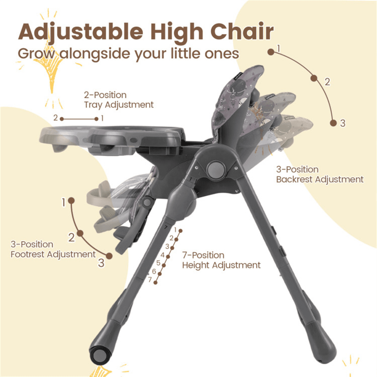 image-Adjustable Gray High Chair for Babies - 6-36 Months, Foldable, 7 Positions