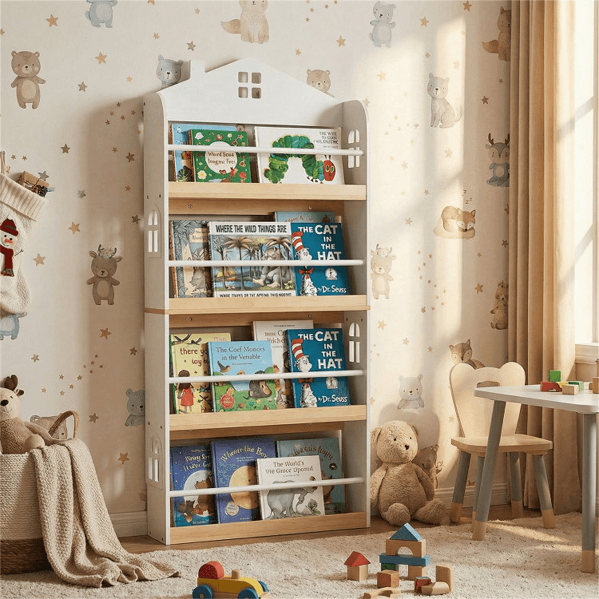 image-4-Tier House Bookshelf for Kids, 24"x6"x51", White & Natural, Anti-Toppling
