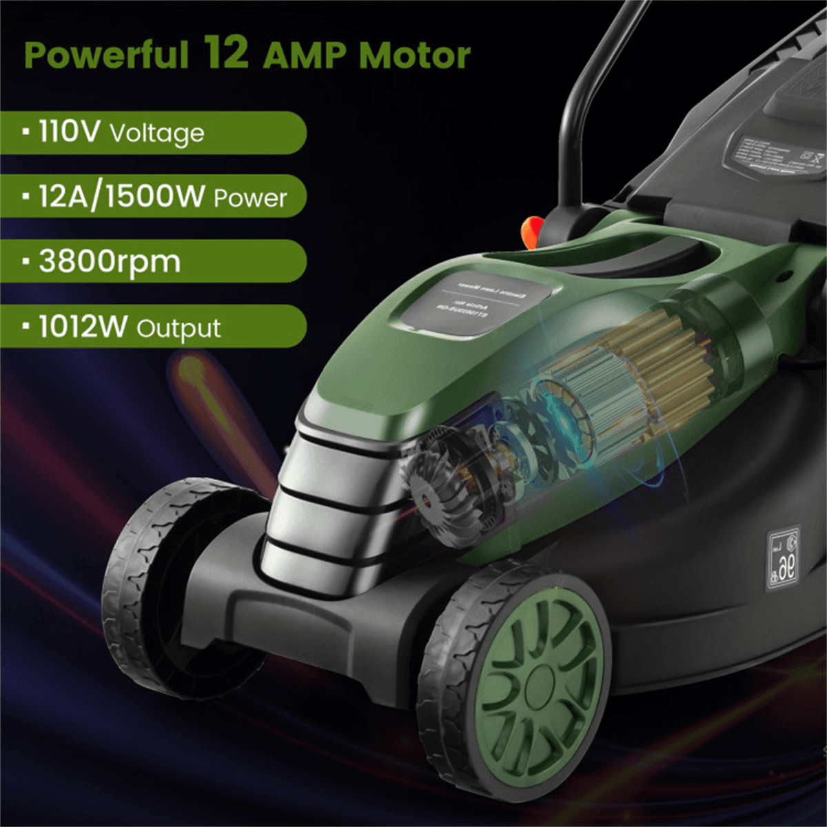 image-12A Electric Lawn Mower - 13.5" Cut, Dual Safety, Green