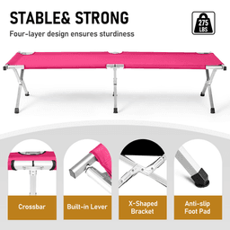 image-Folding Camping Cot with Bag - Army Pink 74.8" Durable