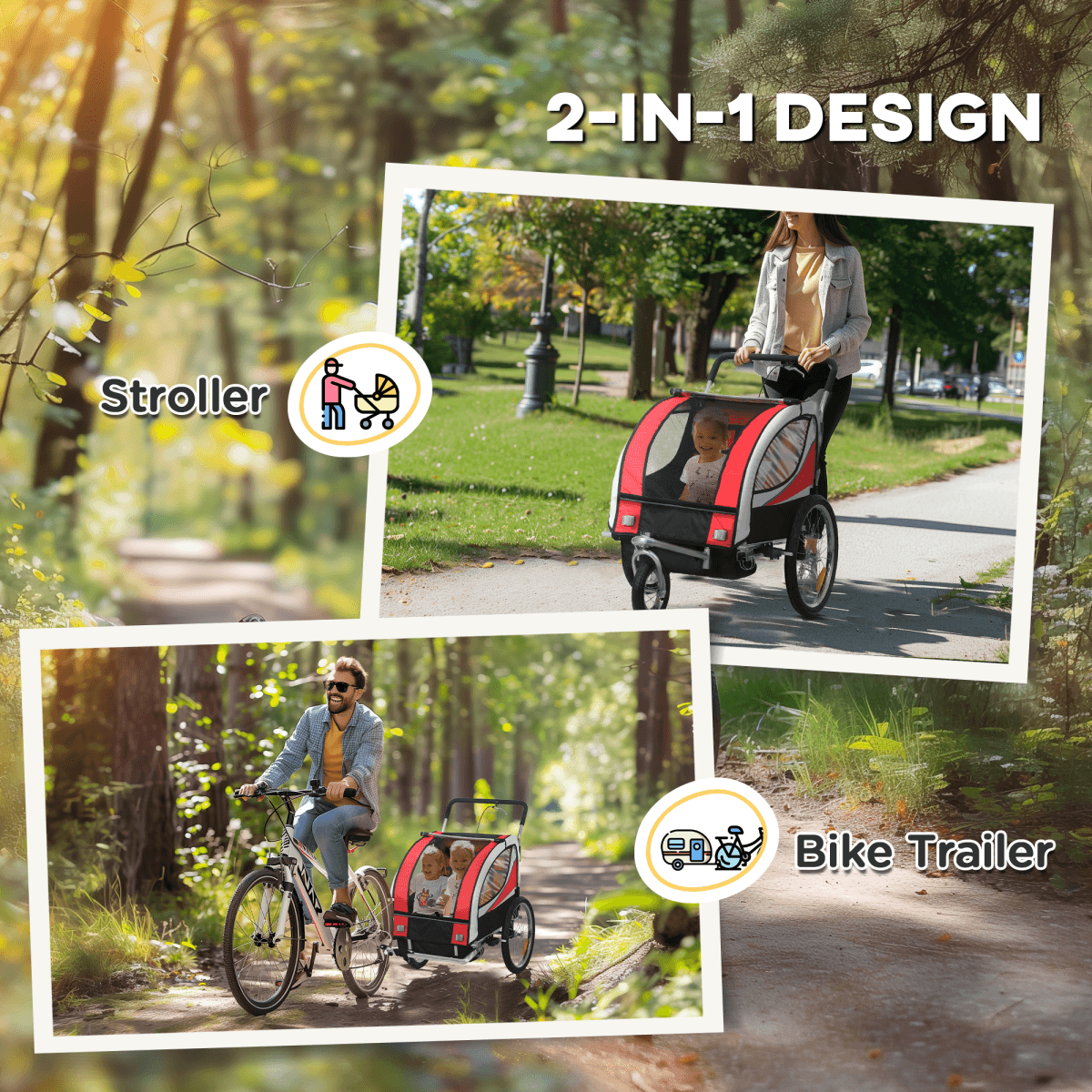 image-HOMCOM 2 Seat Child Bike Trailer - Red Steel Frame