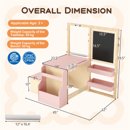 image-Kids Art Center - Pink, Double-Sided Easel, 3+ Years, Wooden Art Table & Bench Set