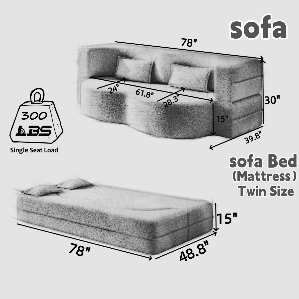 image-Modern Floor Sofa with 2 Pillows,Convertible Teddy Fabric Foam-Filled Sleeper Sofa Bed,15" Twin Size Folding Mattress for Living Room,Guest Bed,Playroom,no assembly required,Pink