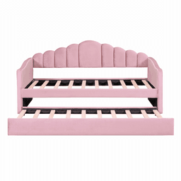 image-Twin Size Velvet Sofabed with USB, No Box Spring Needed, Trundle, Pink (58 characters)