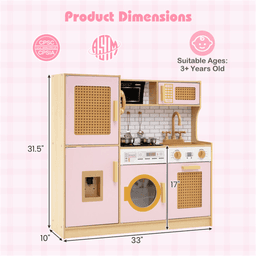 image-Kids Wooden Kitchen Playset with Light Sound - Pink 3+
