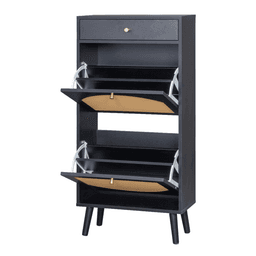 image-Shoe Cabinet - Black 54x24x110cm with 1 Drawer, 2 Flip-Top Compartments
