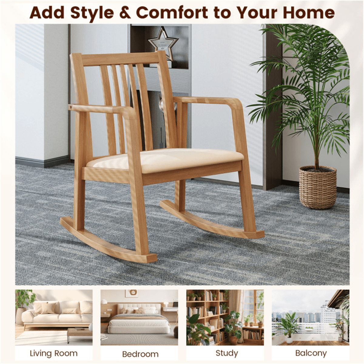 image-Rubber Wood Rocking Chair - Natural Linen 400 lbs