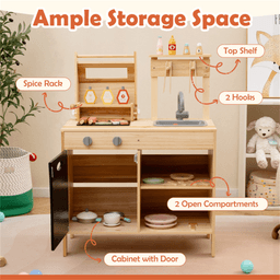 image-Kids Wooden BBQ Grill Playset with Chalkboard, Sink, Cabinet - Natural