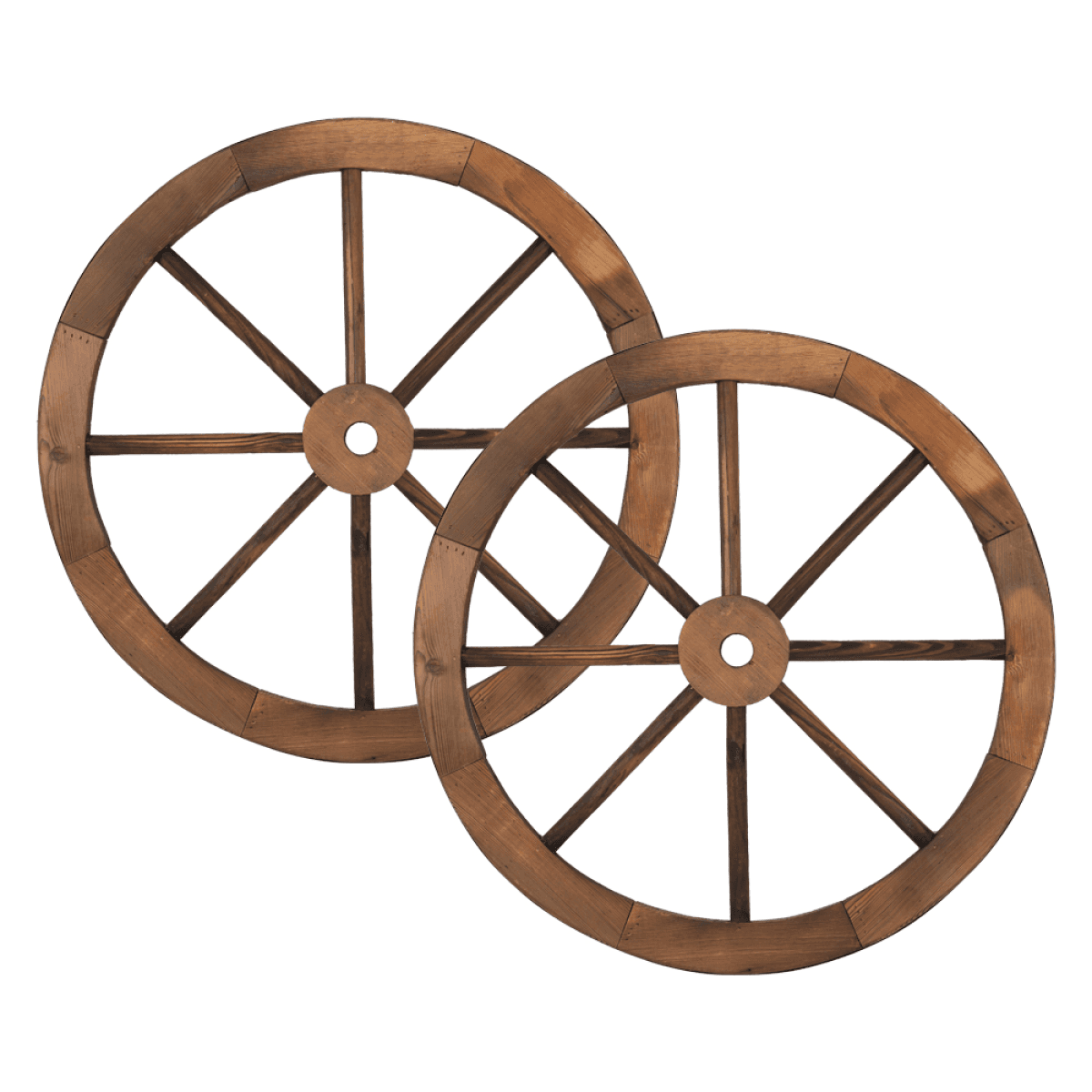 image-24-Inch Rustic Wooden Wagon Wheels, 2-Pack, Brown Garden Wall Decor