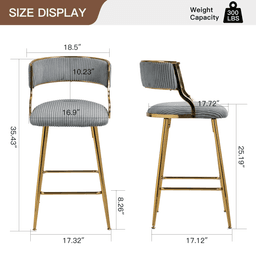 image-Set of 2 Counter Height Bar Stools, 26'' Corduroy, Modern Kitchen Design, Grey Base