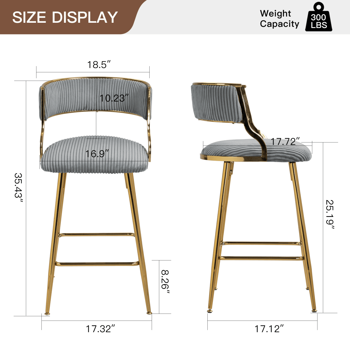 image-Set of 2 Counter Height Bar Stools, 26'' Corduroy, Modern Kitchen Design, Grey Base