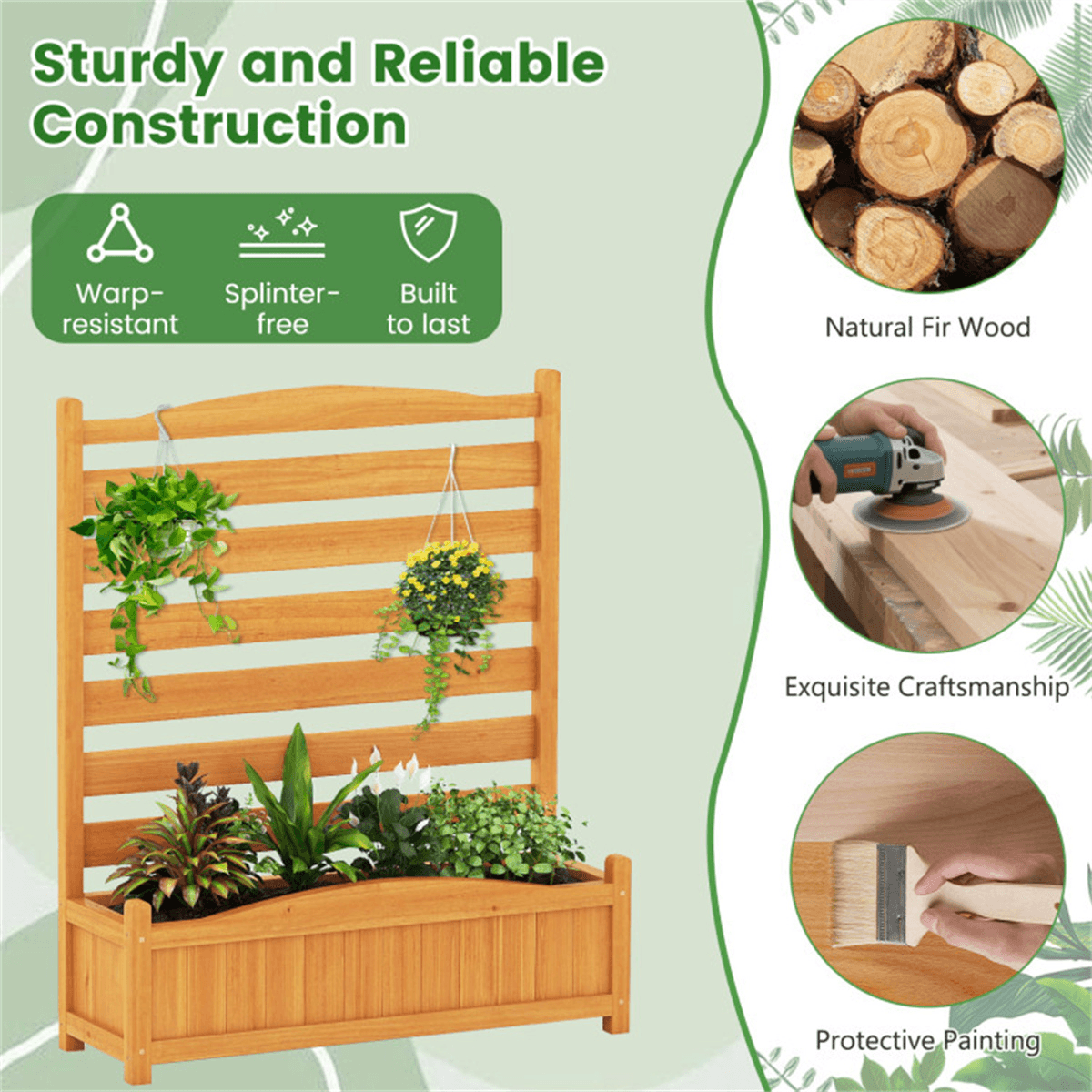 image-2-Panel Fir Wood Privacy Fence with Planter Boxes, AC/Trash Can Screen Yellow