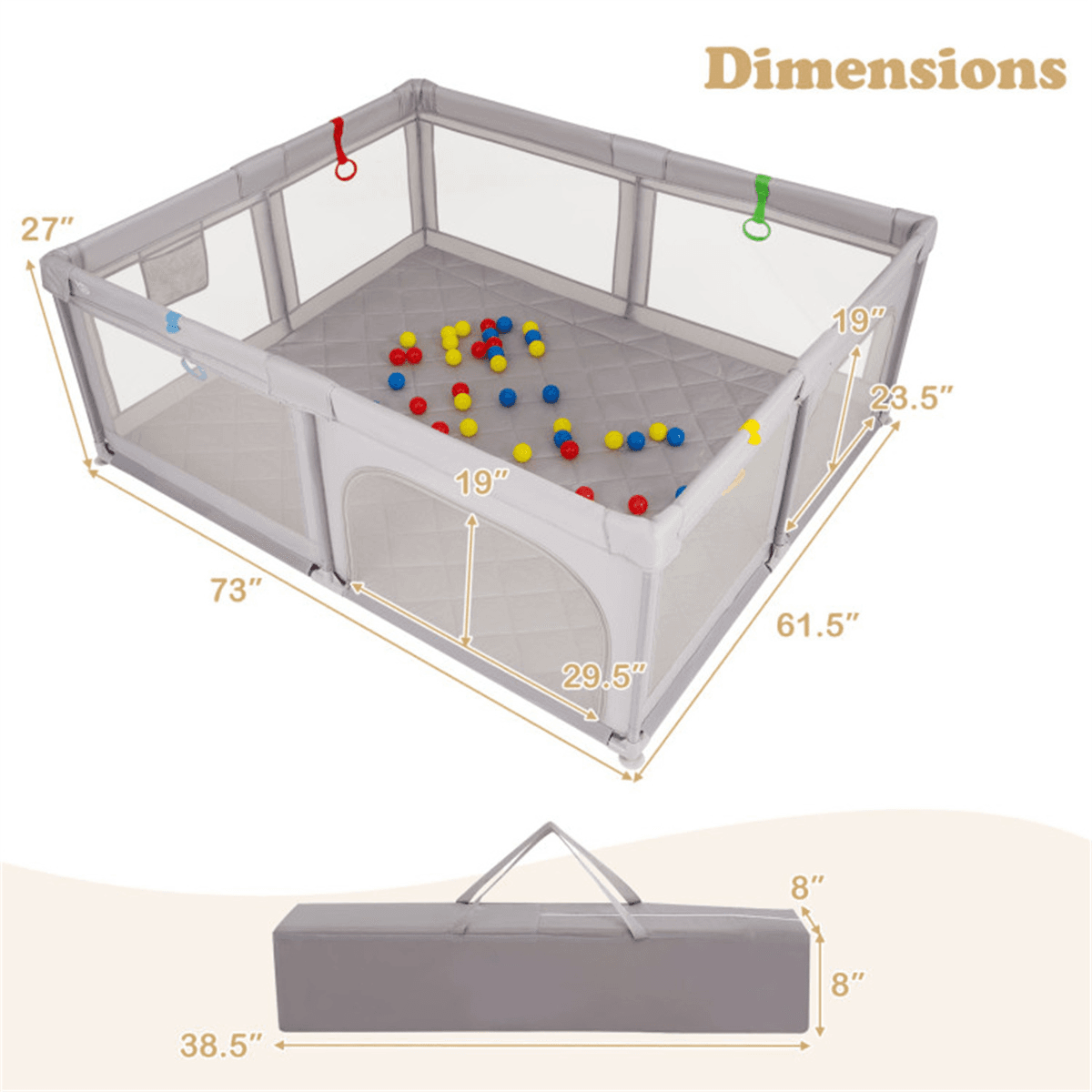 image-Portable Baby Play Yard - Grey, 73"x61.5"x27", Mesh, Carry Bag