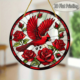 image-Retro Red Bird Sun Catcher Colorful Pendant Festive Decoration 20x20cm