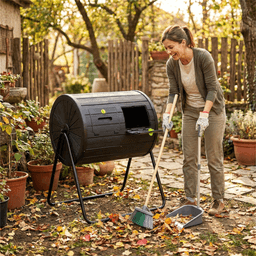 image-Dual Chamber Compost Tumbler 37.5Gal Black Rotating Bin with Blades