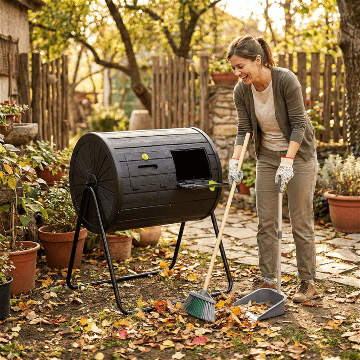 image-Dual Chamber Compost Tumbler 37.5Gal Black Rotating Bin with Blades