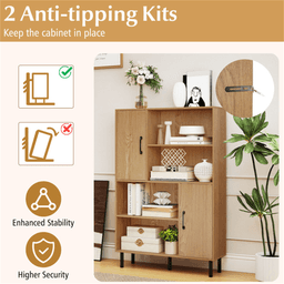 image-4-Tier Open Shelf Cabinet with 2 Doors - Natural, 176 LBS Capacity, Living Room Storage