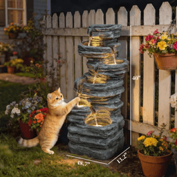 image-Outdoor Resin Water Fountain, Six-Tier Rock Design, Warm LED Lights, 40"H, Gray
