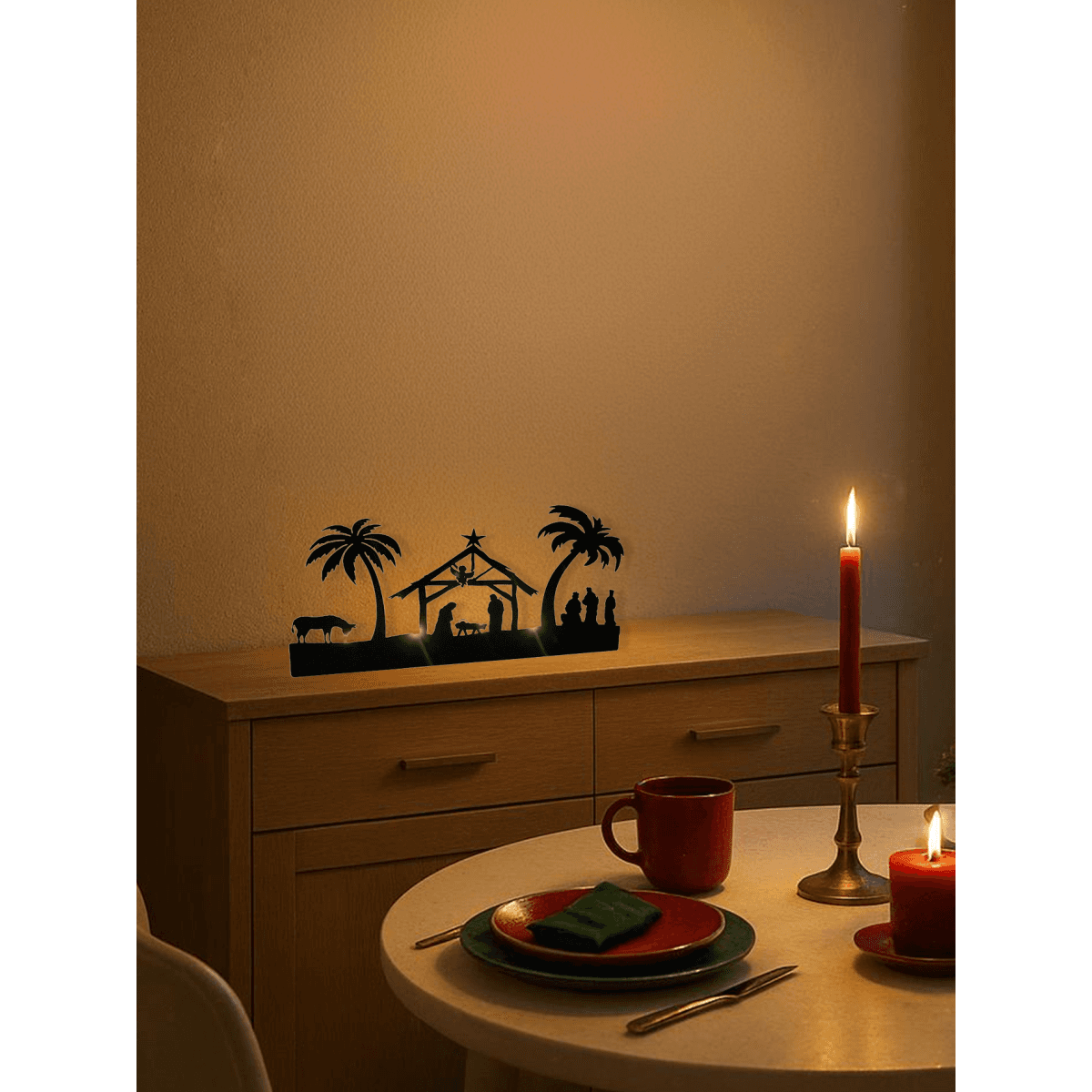 image-Vintage Rustic Iron Nativity Candleholder Set - Christmas Centerpiece