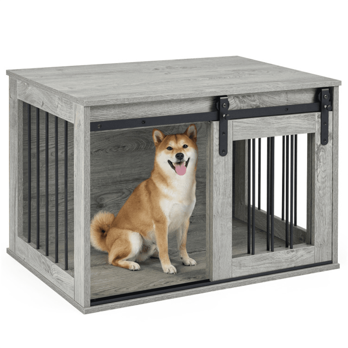 image-Dog Crate Furniture with Sliding Barn Door - Gray 31.5"