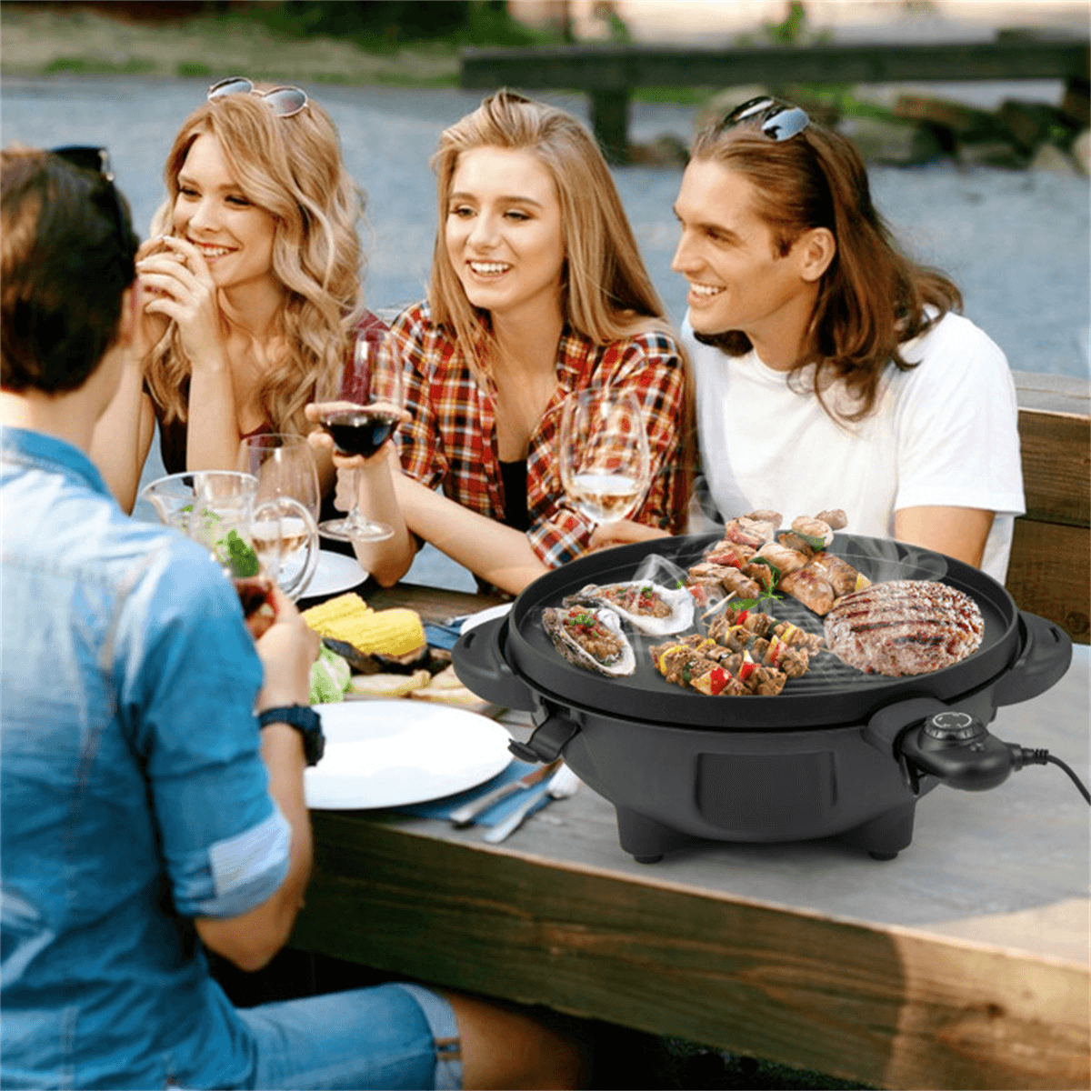 image-Black Electric BBQ Grill 1200W Double-Zone 205 sq.in