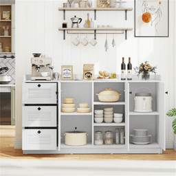 image-White Buffet Sideboard Cabinet, 3 Drawers & 3 Shutter Door Cabinets, Abundant Storage Space