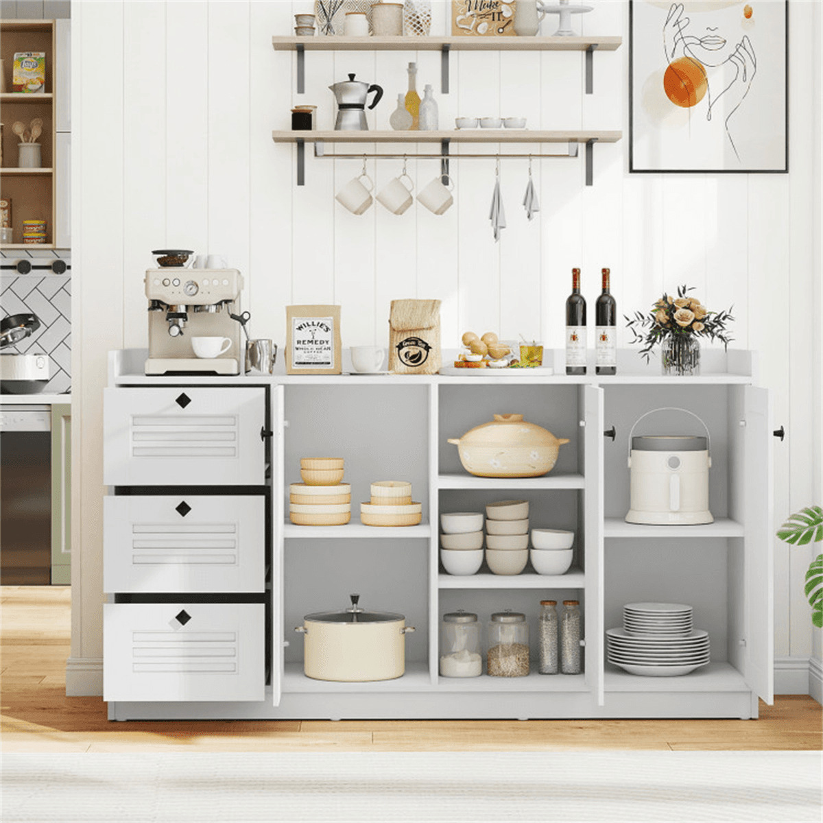 image-White Buffet Sideboard Cabinet, 3 Drawers & 3 Shutter Door Cabinets, Abundant Storage Space