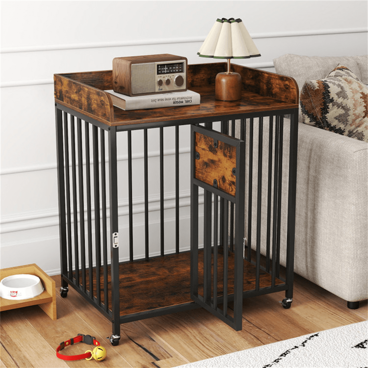 image-2-in-1 Dog Crate Furniture - Rustic Brown 27.5" Small Dogs