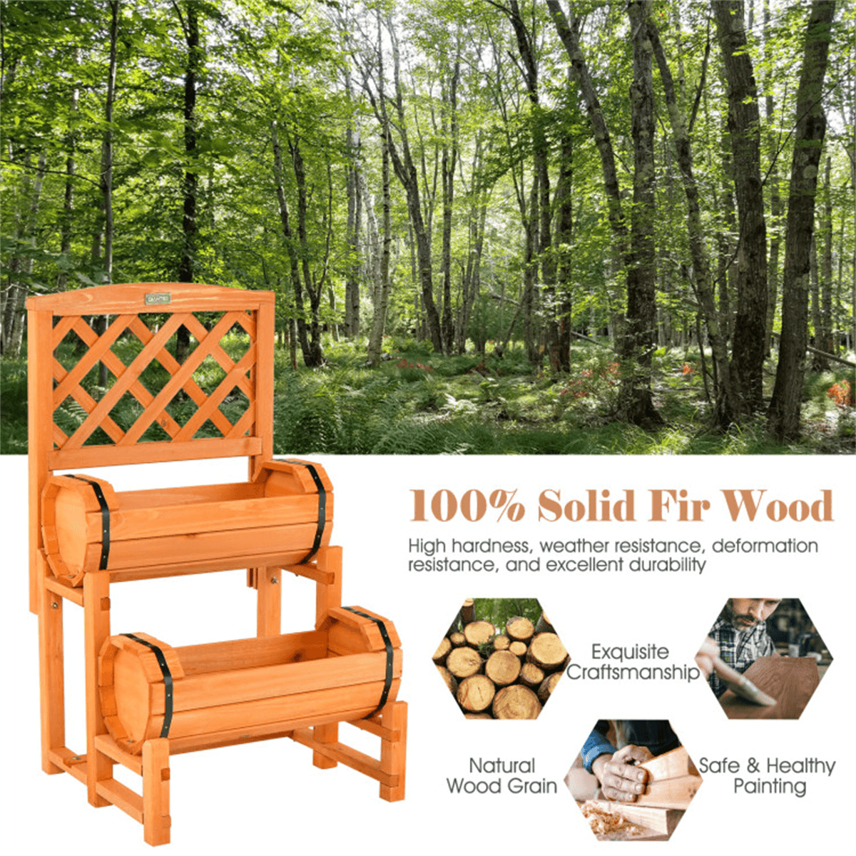 image-Solid Fir 2-Tier Garden Bed Trellis Cylinder Planter - Orange