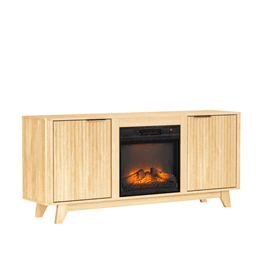 image-Oak Fireplace TV Stand - 58 x 13.6 x 25.4" - Gold Handles, 18" Insert