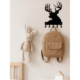 image-Vintage Wall Shelf Coat Rack - Black Iron with Wooden Antelope Hooks