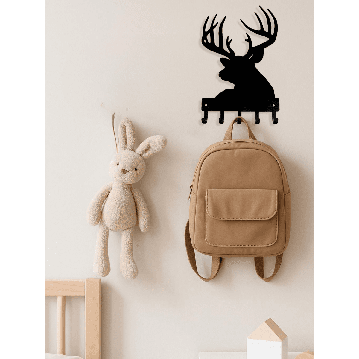 image-Vintage Wall Shelf Coat Rack - Black Iron with Wooden Antelope Hooks