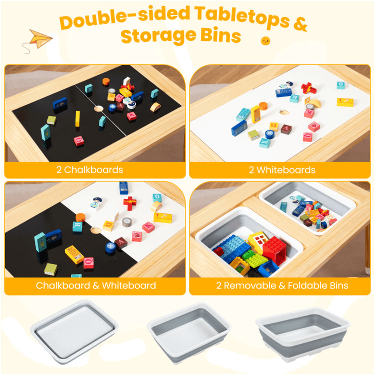 image-Kids Activity Table & Chairs Set, Pine Wood, Foldable Storage Bins, Ages 3+
