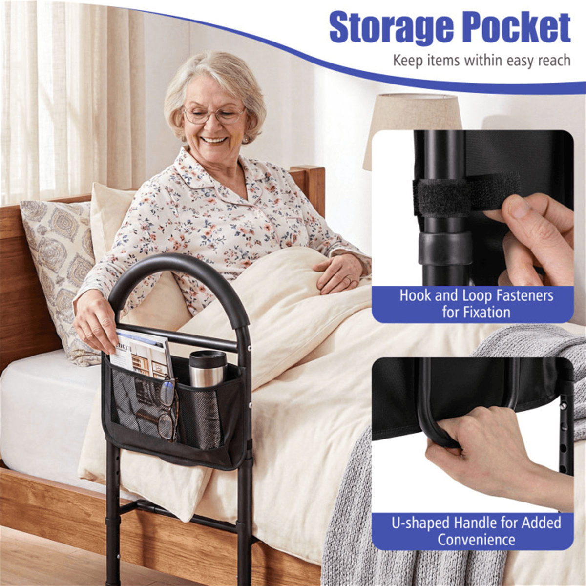 image-Adjustable Bedside Safety Rail, Tool-Free, Anti-Slip, Elderly Assist, Black