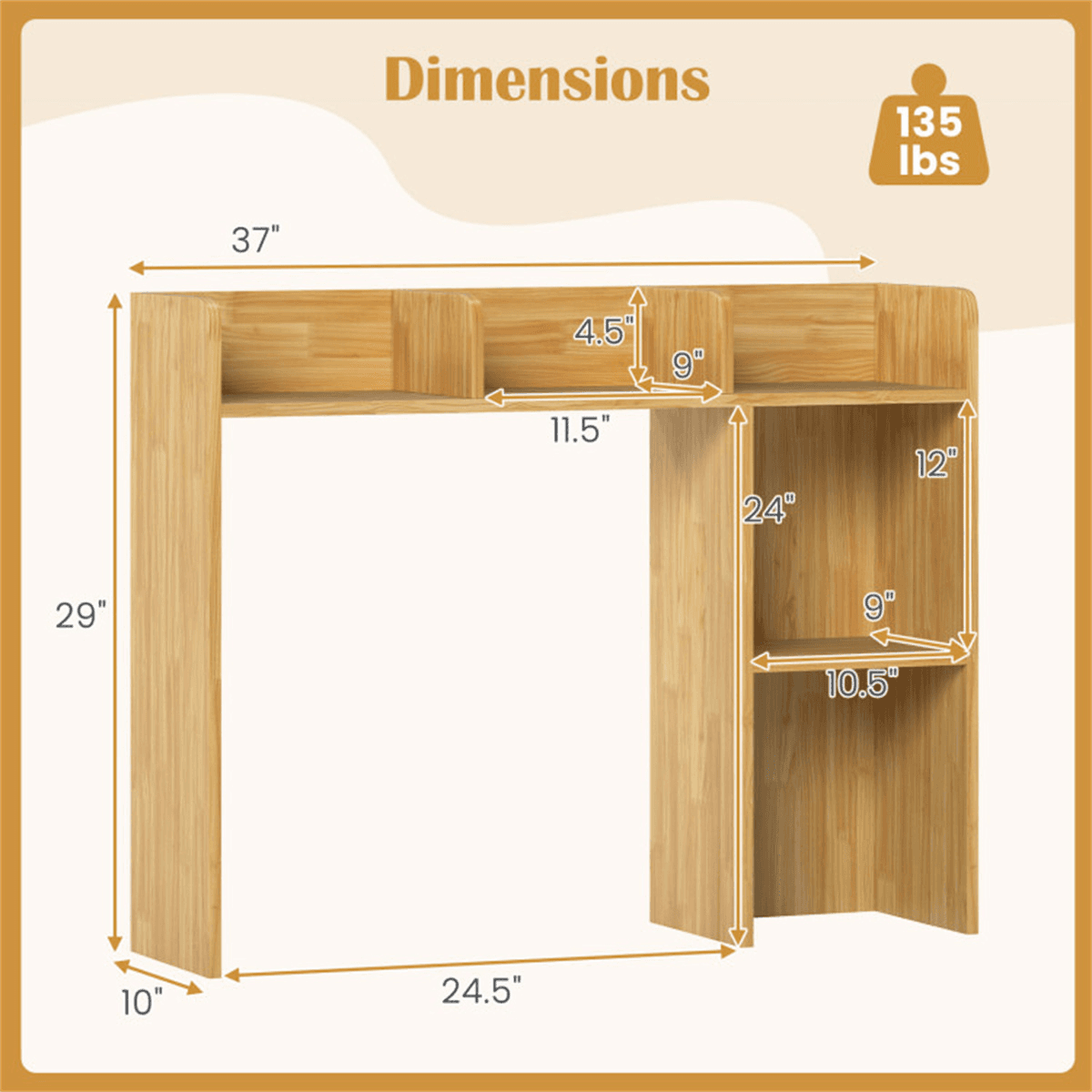 image-Beige Bookshelf for 27'' Monitor, Engineered Wood, 100 lbs Capacity