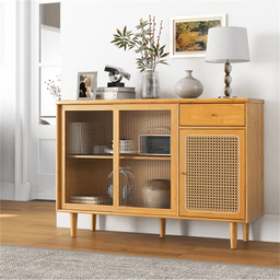 image-Natural Bamboo Sideboard Cabinet with Rattan Door, Sliding Door & Pull-Out Drawer, 5-Leg Rubber Wood Base