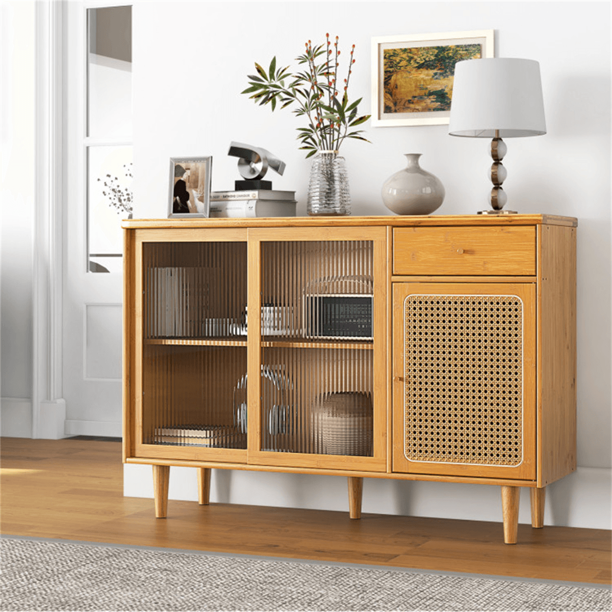 image-Natural Bamboo Sideboard Cabinet with Rattan Door, Sliding Door & Pull-Out Drawer, 5-Leg Rubber Wood Base