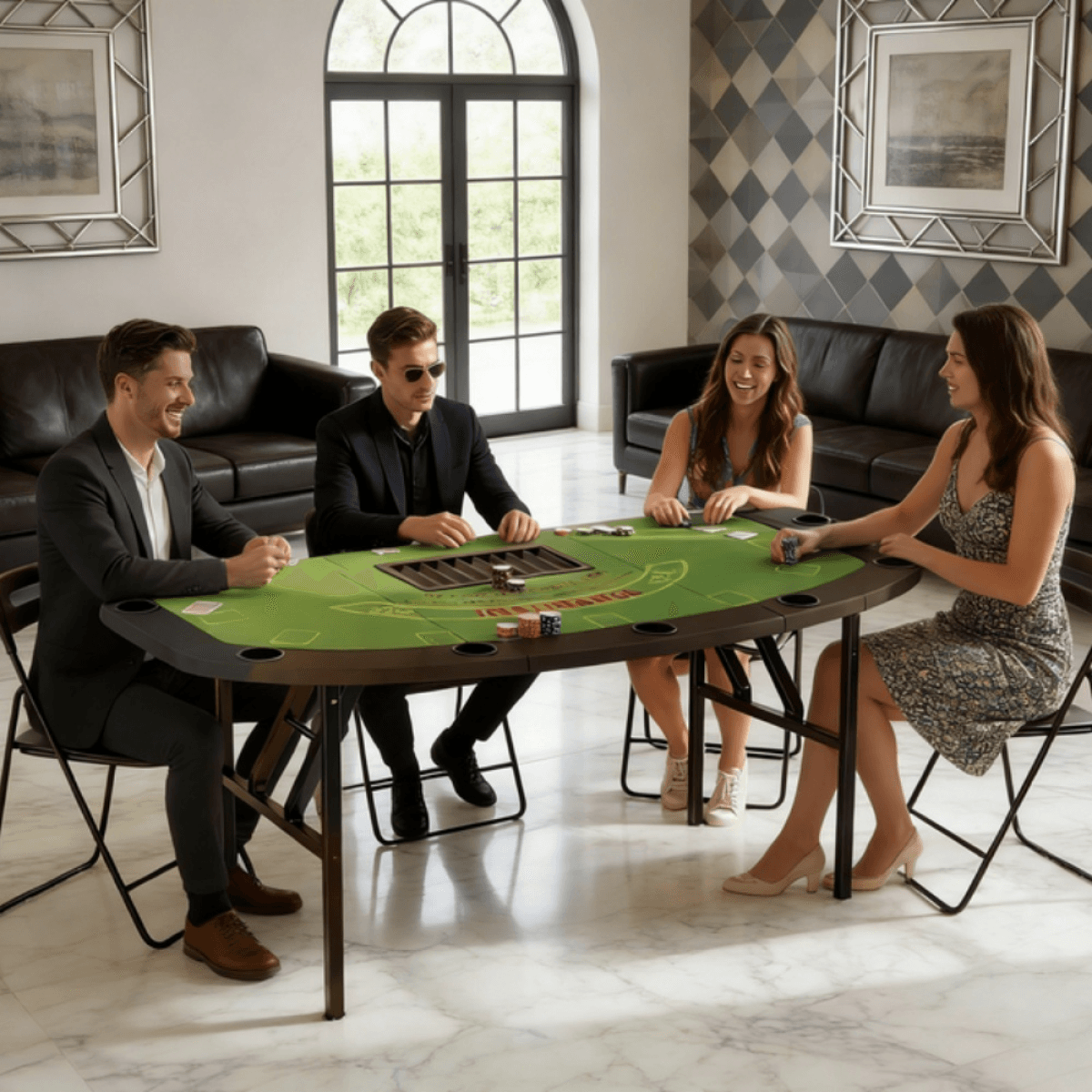 image-Poker Table - Green Felt, 8-Player, Steel Legs, Foldable - 71.7" L x 35.4" W x 29.5" H