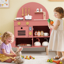 image-Pink Wooden Play Kitchen - Interactive Stove & Sink