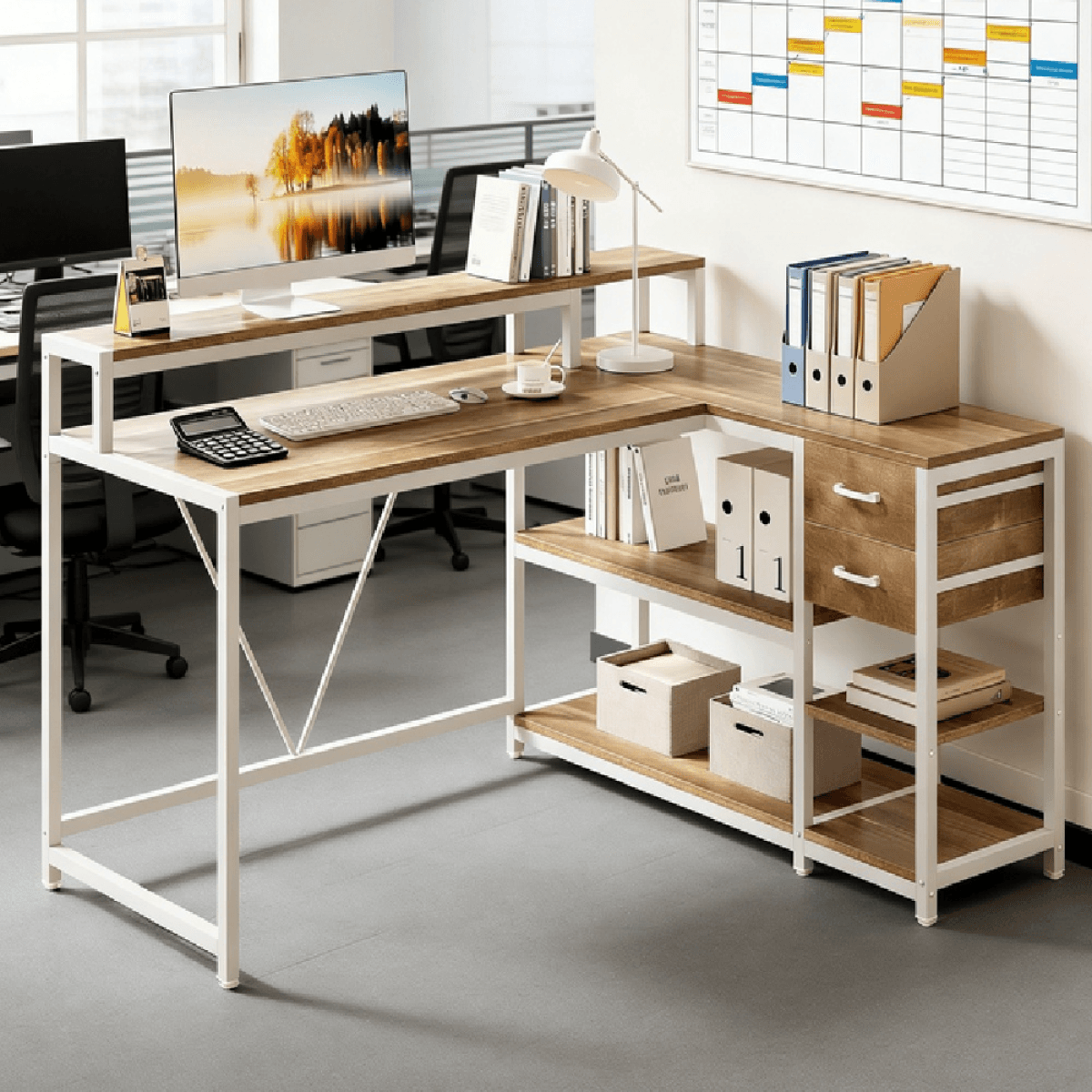 image-Office Desk - L-Shaped, Space-Saving, Ample Storage, Dual Monitor Stand